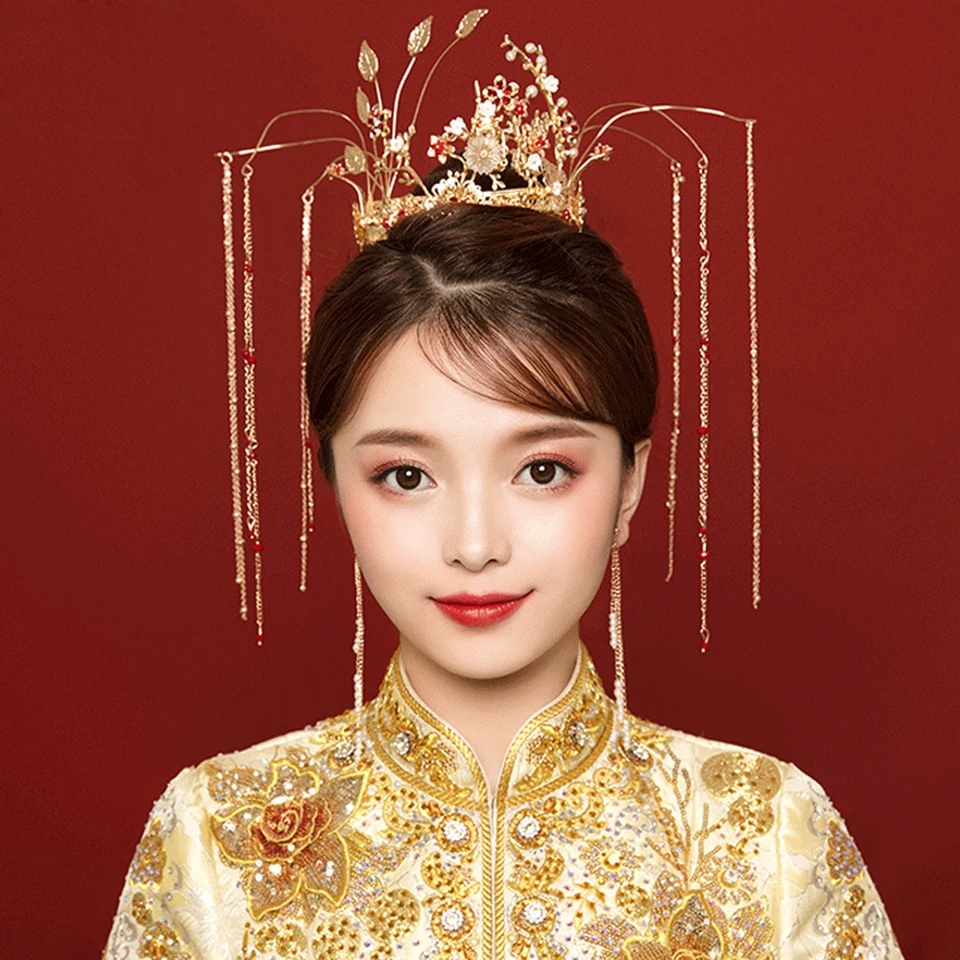 Винтаж китайский стиль золотые свадебные Корона тиары невесты Hairwear Свадебные аксессуары для волос повязка на голову