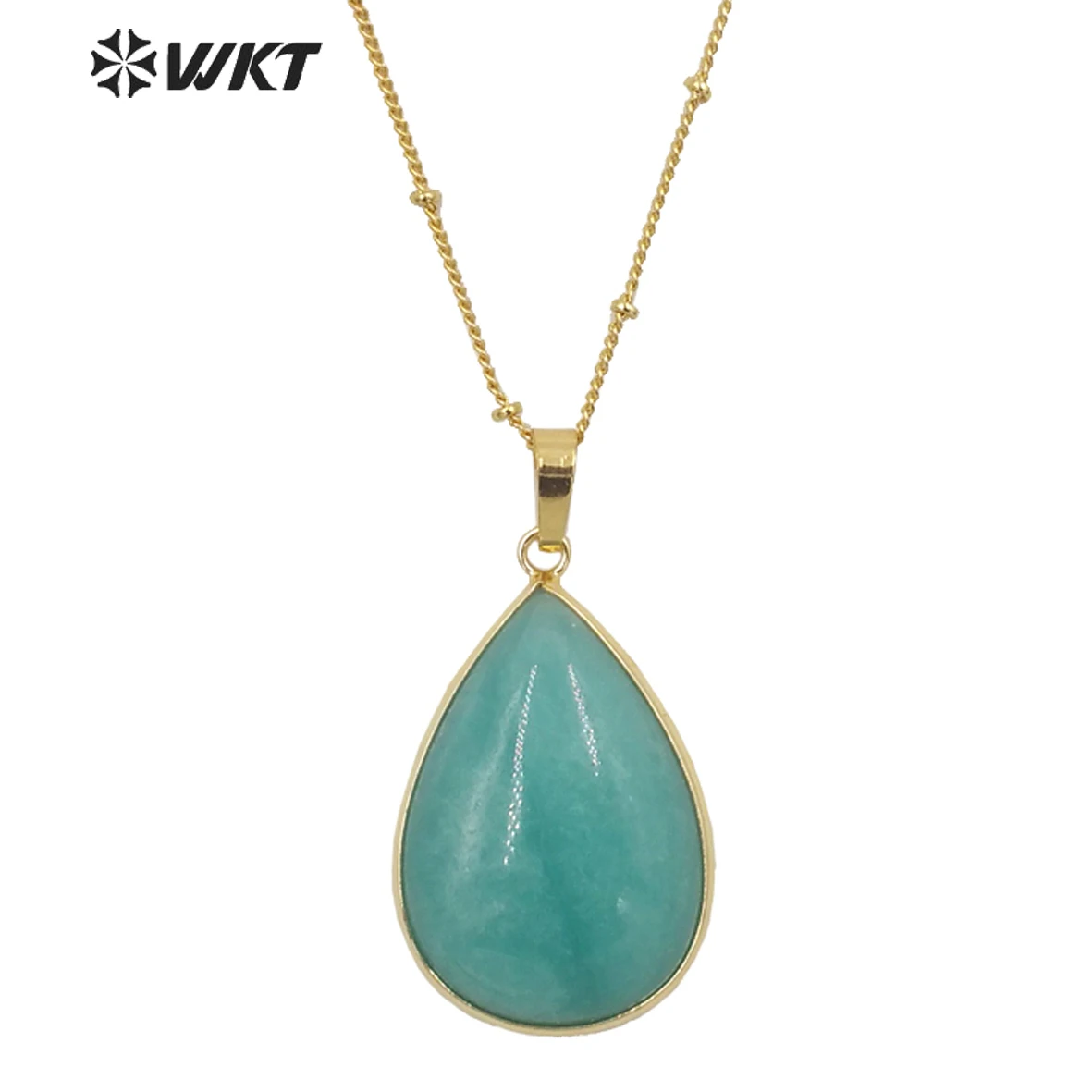 WT-N1292 WKT newest Teardrop Amazons stone pendant necklace gold bezel drop natural stone necklace for Friends Wedding