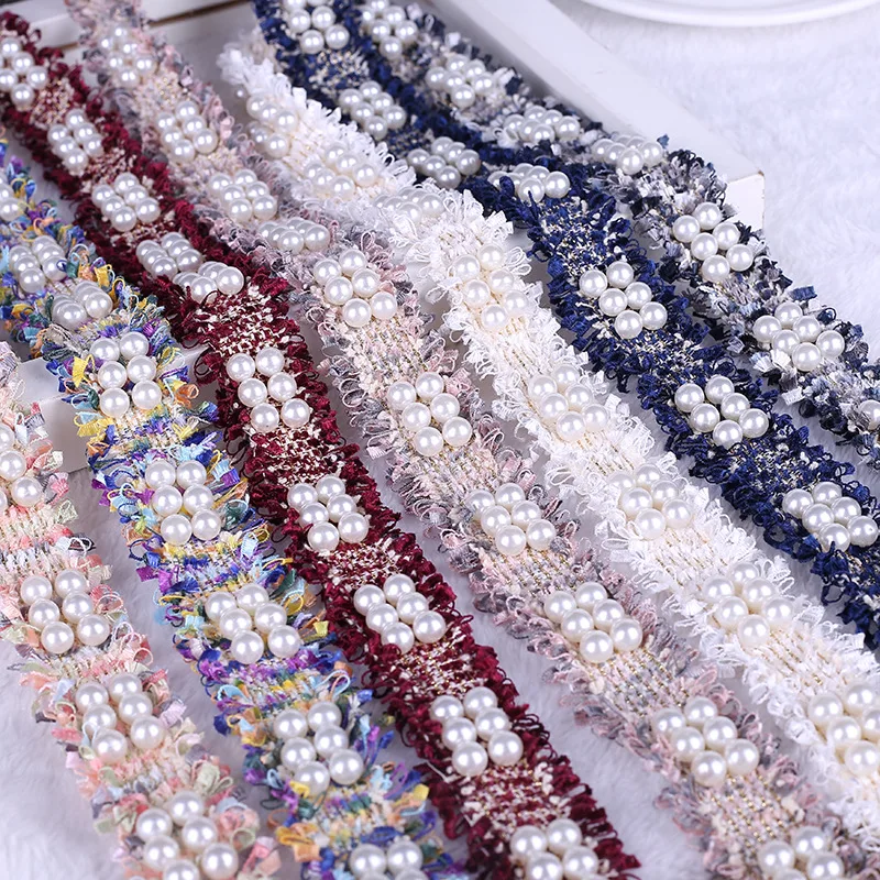 45 ярдов/Лот Винтаж 3 см нейлон жемчуг бисером вышитая кружевная отделка Лента из