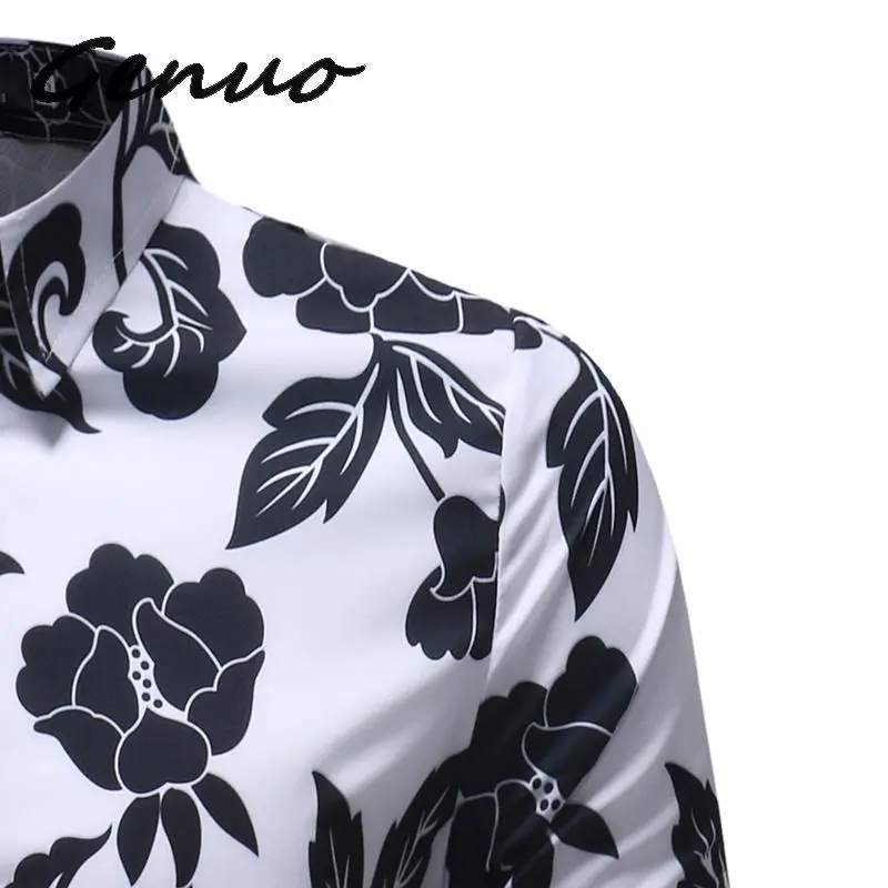 

Spring Floral Print Men Shirts Long Sleeve Casual Black Retro Rose Printed Slim Dress Shirts Camisa Masculina Chemise Homme 5XL