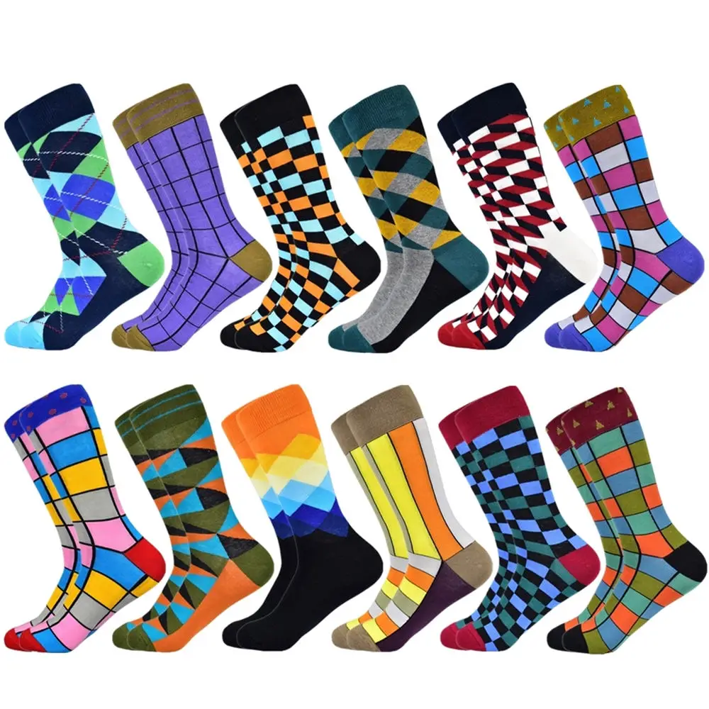 12 pairs socks-24 Популярные мужские носки из чесаного хлопка подарки для мужчин клетчатые геометрические повседневные мужские носки Цветные счастливые мужские носки - Цвет: 12 pairs socks-24