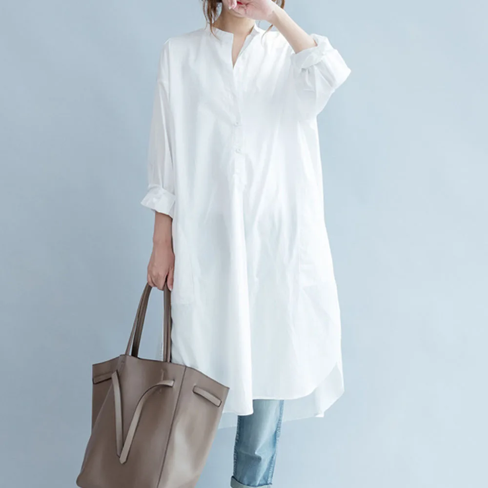 

Women Casual Shirt Long Dress 2021 Spring New Korean Fashion Literary Simple Slit Mid-length Dress Female White Loose Pullover