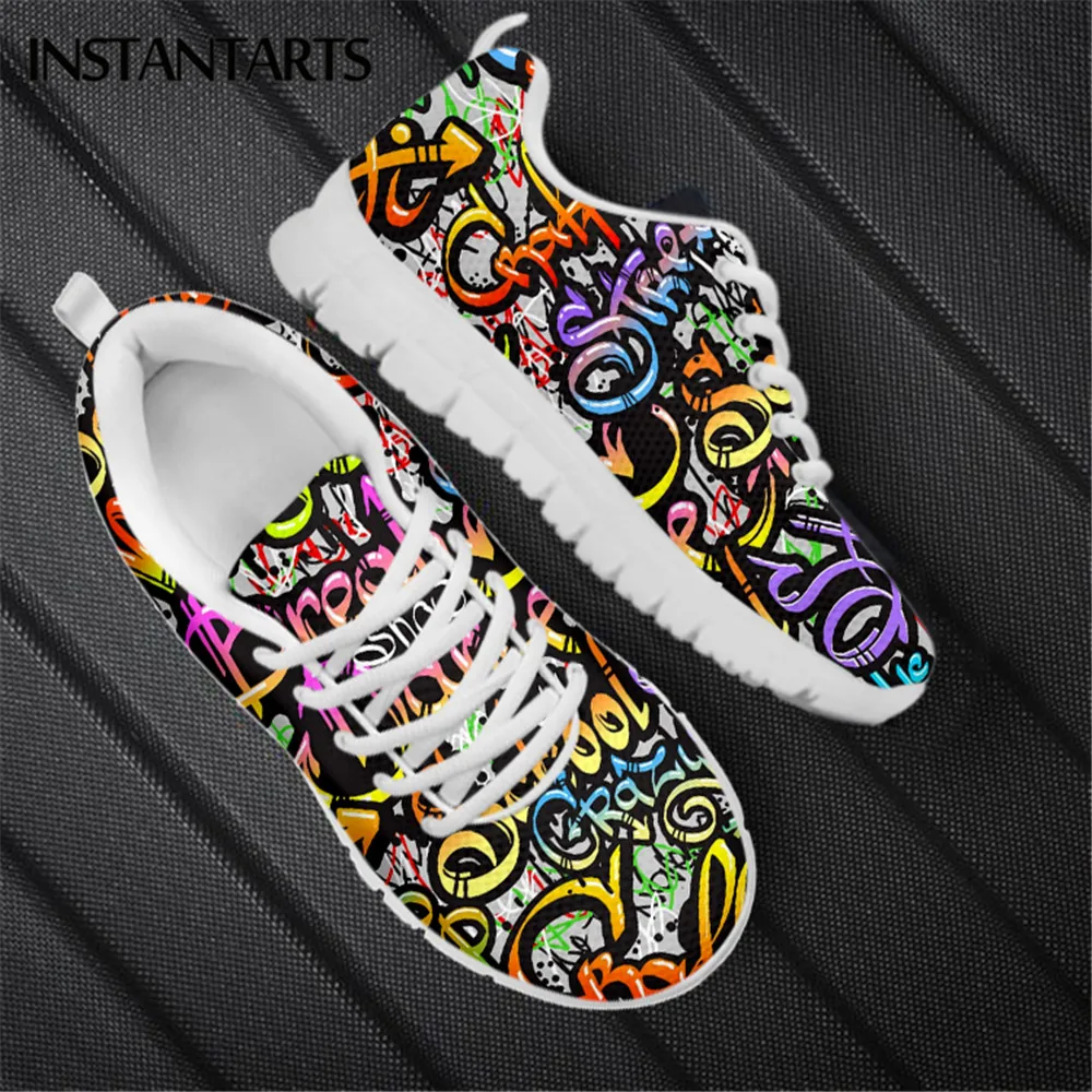 

INSTANTARTS Personalized Graffiti Text Pattern Casual Sneaker for Women Breathable Mesh Flat Shoes Ladies Lightweight Zapatos