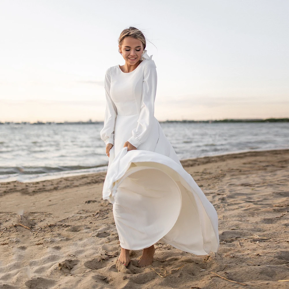 

Modest Full Sleeve Scoop Wedding Dresses with Jersey White Floor-Length A-Line Bridal Gowns Sexy Open Back Zipper Court Train