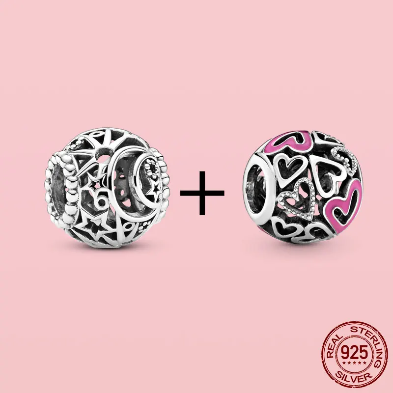 

2Pcs/Lot Cute Heart With Script Crown Openwork Sun Moon Star Bead Charms Fit Original Pandora Bracelet Collar Pendiente Jewelry