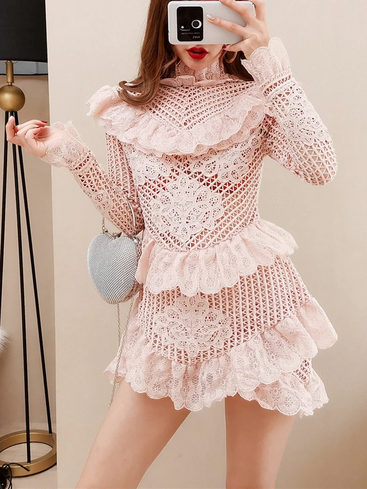 

Fairy French Niche Dress Heavy Embroidery Short Skirt Hollow Stand Collar Stitching Lace Lotus Leaf Cake Skirt Dress Dress