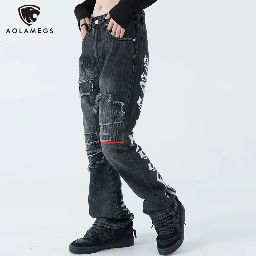 

Мужские джинсы в стиле панк Aolamegs, черные джинсы в стиле хип-хоп в стиле рок с градиентным принтом и дырками, уличная одежда