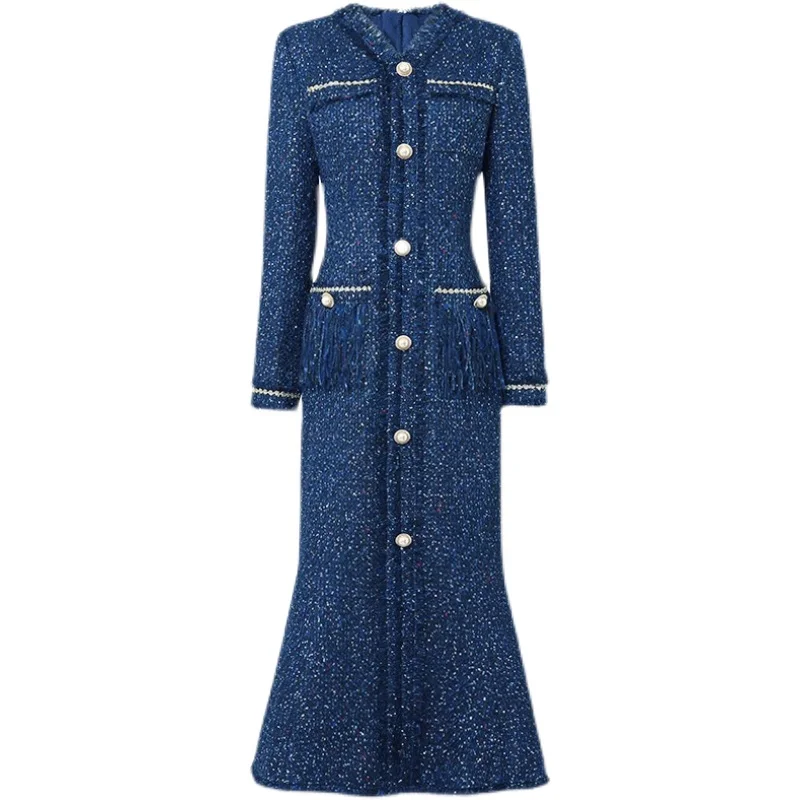 

French sstyle autumn winter tweed woolen meramid dress women v-neck slim high waist package hip elegant ol dress