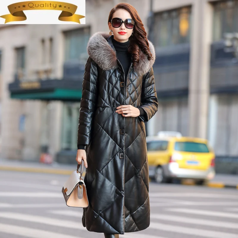 

Genuine Leather Women Jacket Long Sheepskin Coat Hooded Women's Winter Down Jackets Fox Fur Collar 2021 Mujer Chaqueta Pph1198