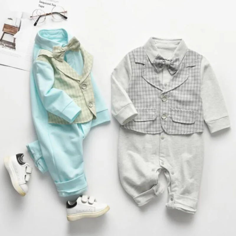 

Spring Autumn Newborn Kids Boys Grid Gentleman Fake Two Piece Jumpsuits Clothes Baby Boys Long Sleeve Rompers Children Rompers