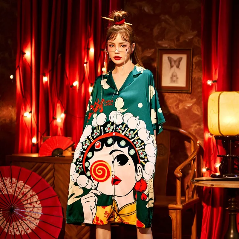 

Loose Satin Night Dress Women Printed Chinese Peking Opera Nightgown Lady Sleepwear Casual Nightwear Sexy Oversize Kimono Gown