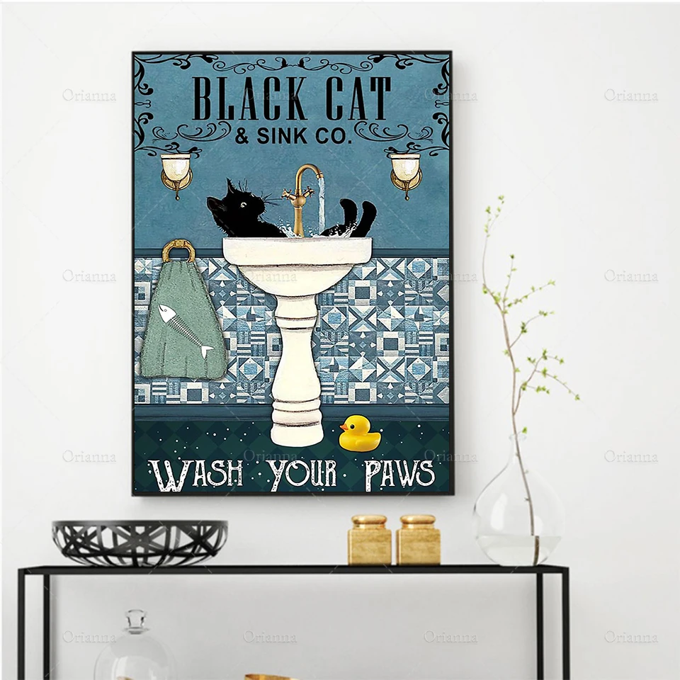 

Black Cat Wash Your Paws Wall Artwork Home Decoration Painting HD Print Modern Posters Canvas Cuadros Modular Picture For Gift