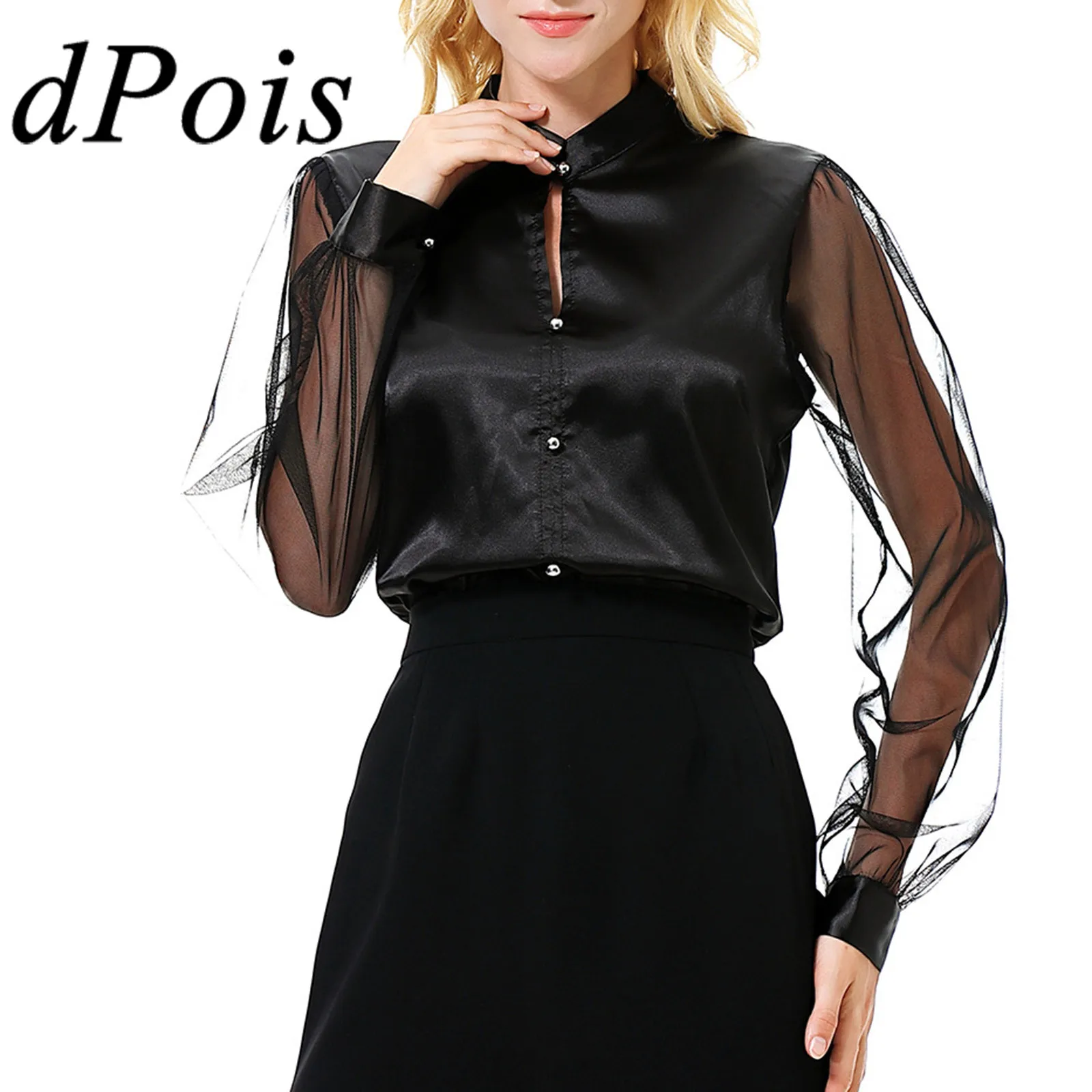 

Women's Satin Shirt Blouse Top Stand Collar Long Mesh Sleeve Shirts Sexy Woman Tops Elegant Formal OL Office Ladies Blusa Mujer
