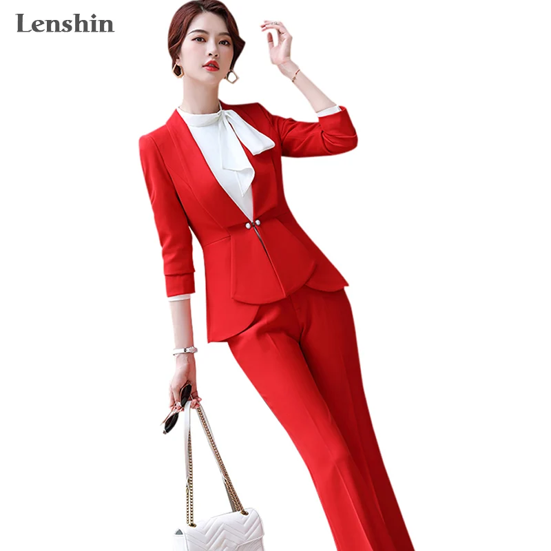 Lenshin 2 Pieces Set Street Wear Women Suit with Ruffles Office Lady Fashion Style V-Neck Jacket and Bell-bottom Trousers