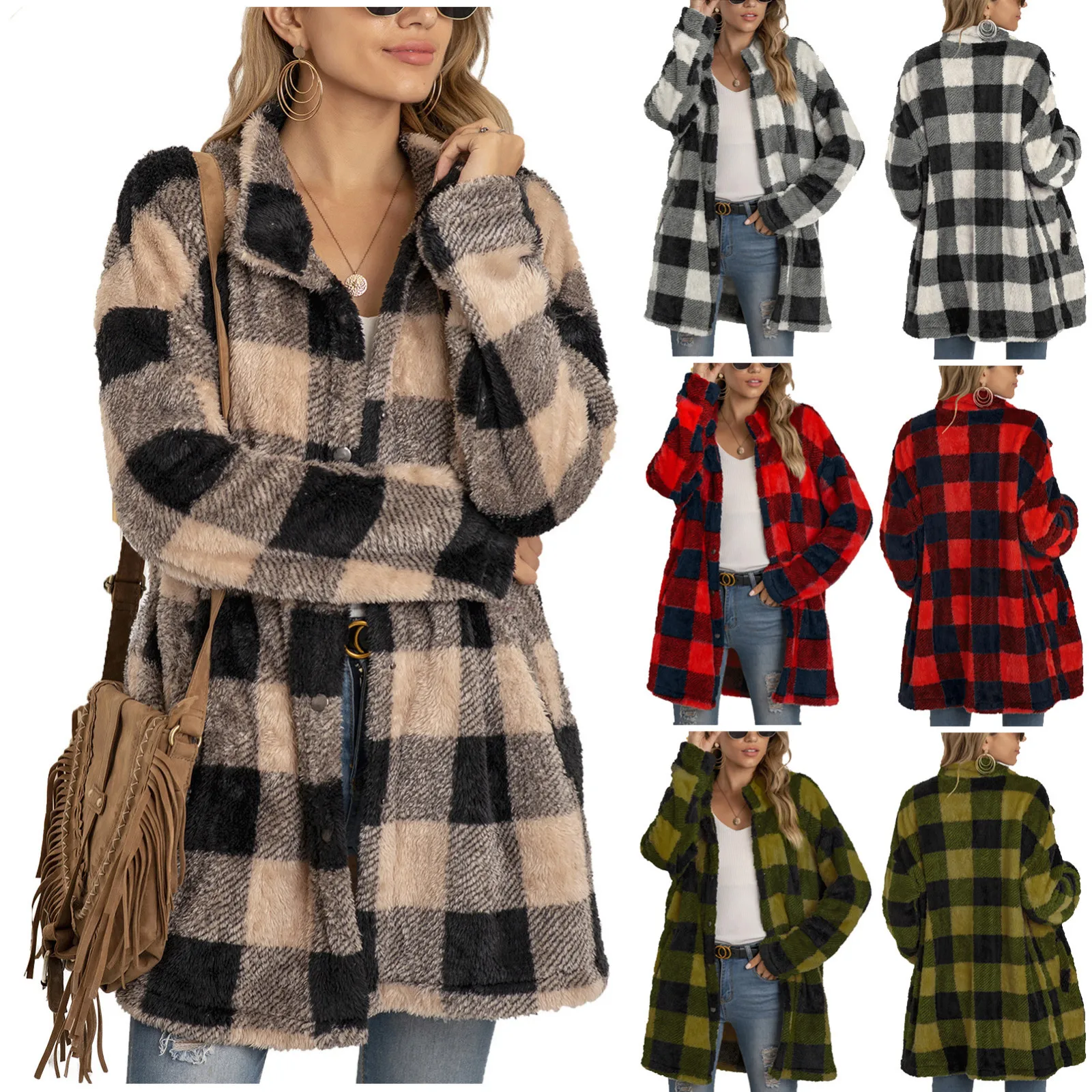 

Women's Casual Christmas Plaid Printing Long Sleeve Buttons Plush Cardigan Coat Women's Fashion Street Mid-length Woolen Coat