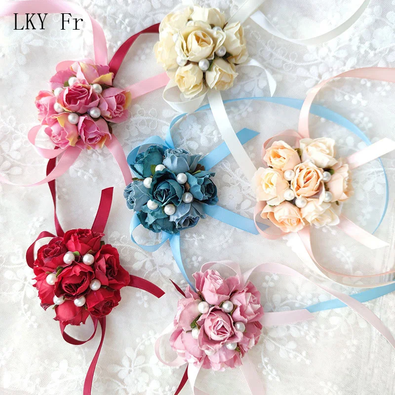 

LKY Fr Wedding Accessories Bridesmaid Bracelet Flowers Artificial Wrist Corsage Roses Silk Red Women Girl Prom Party Decoration
