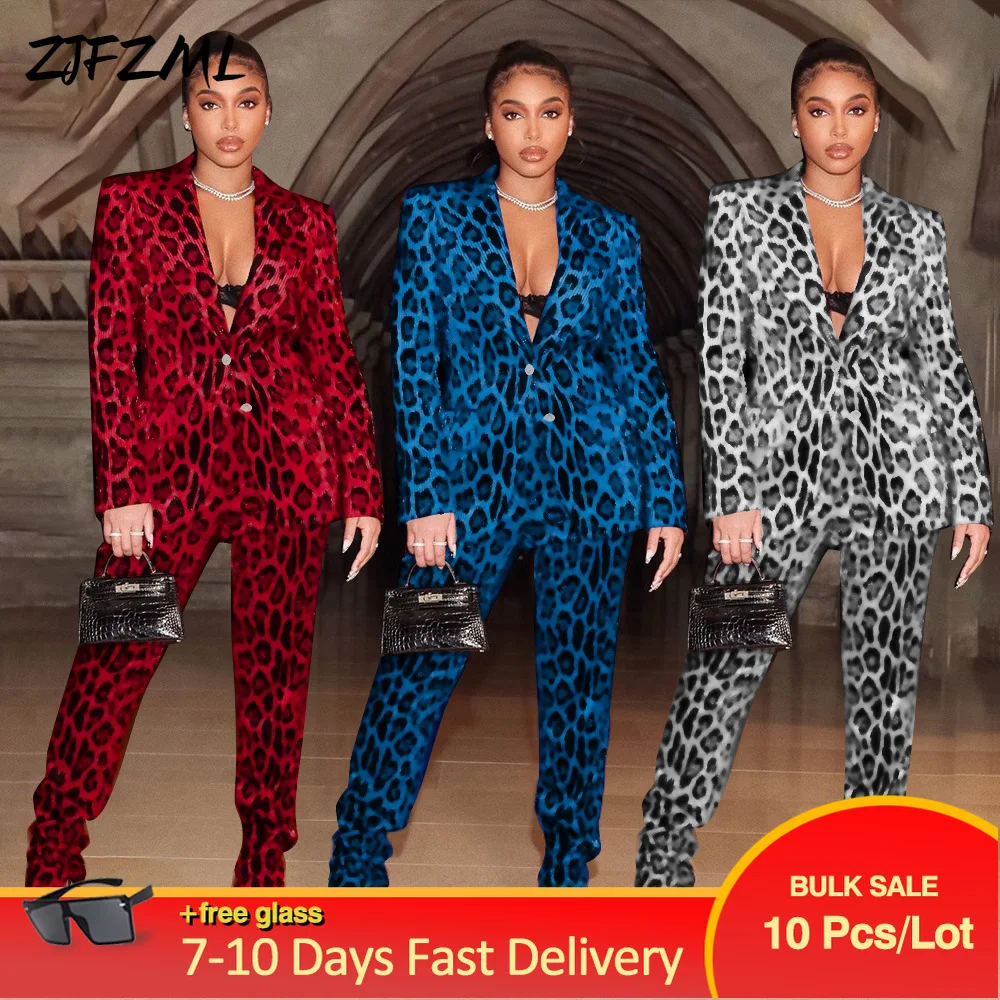 

Женский брючный костюм из двух предметов, винтажный блейзер с длинным рукавом и леопардовым принтом + Прямые облегающие брюки, одежда для ул...