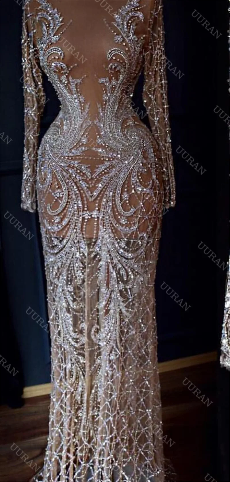 

Luxurious Crystal Sequin Bead Embroidery Fabric Wedding Dress Design Beaded French Net Tulle Lace Evening Dress