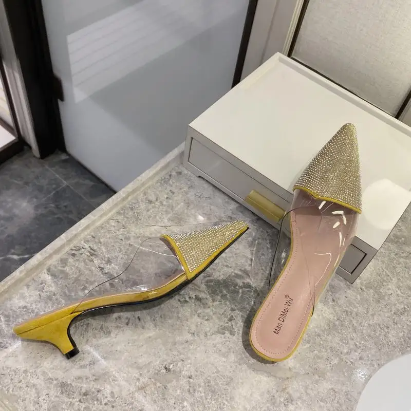 

NIUFUNI Pointed Shiny Rhinestone Women's Semi-Slipper Transparent PVC Stiletto Slippers Set Foot Casual Women's Shoes Low Heels