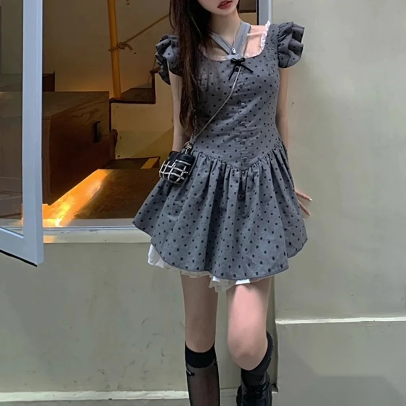 

Summer Kawaii Vintage Dress Women Polka Dot Print 2021 Elegant Sweet Sexy Mini Dress Short Sleeve Chic Designer Slim Party Dress