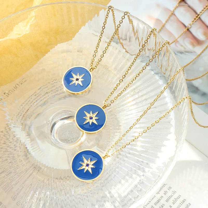 

Chain Choker Drop Oil Blue Zircon Round Star Pendant Necklace French Female Hip Hop Jewelry Free Shipping Accessories Collier