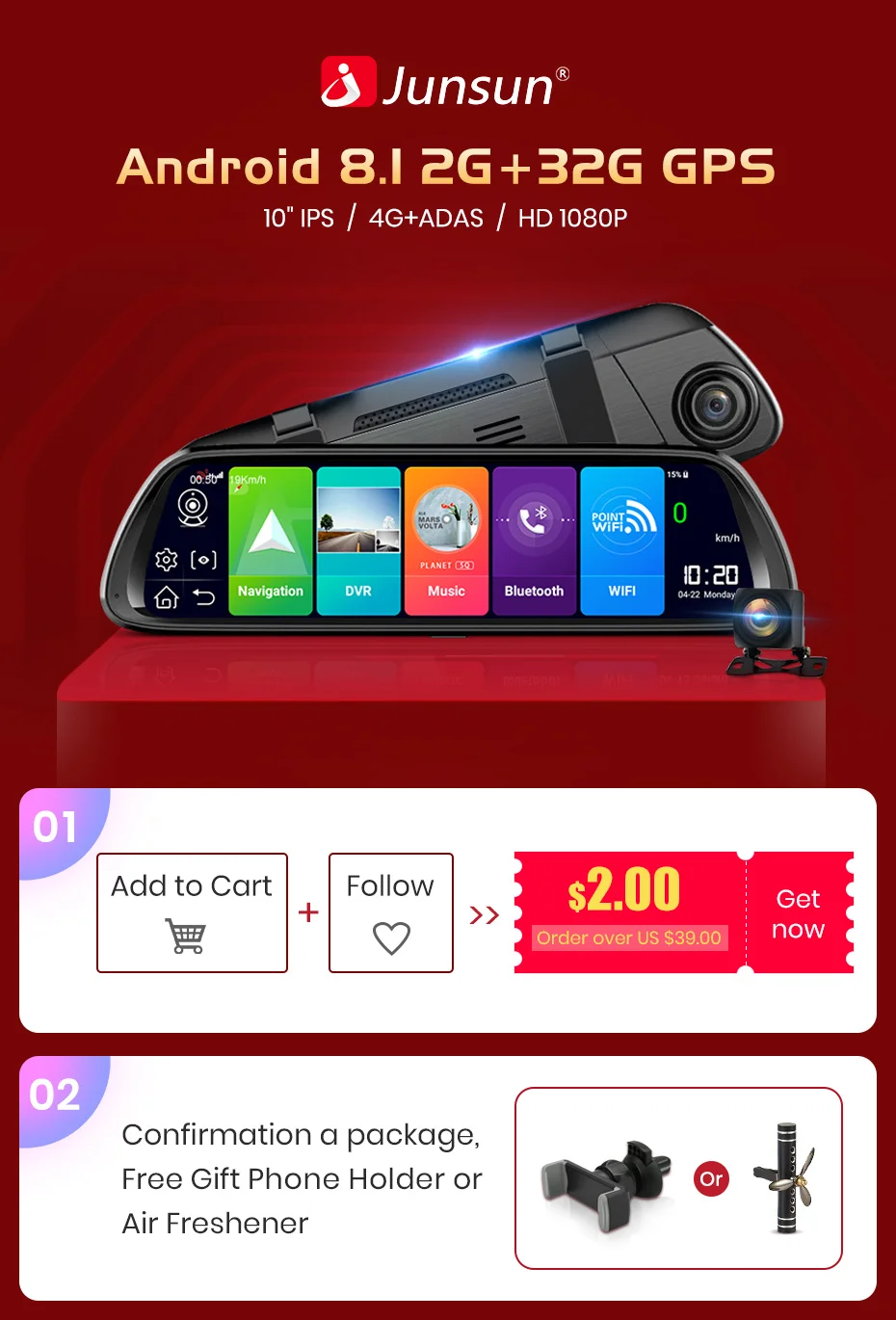 Junsun A960 Android 8.1 4G видеорегистратор GPS регистратор WiFi dash cam зеркало 9,88" видеорегистраторы автомобильные зеркало регистратор авторегистраторы зеркало видеорегистратор видеорегистратор зеркало