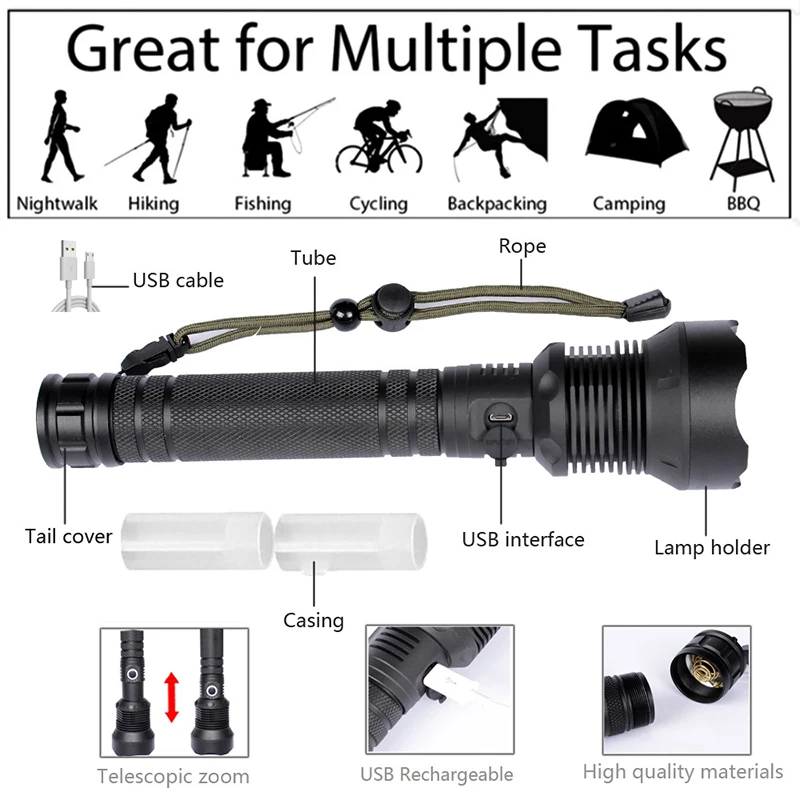 

Super Bright Flashlight LED High Lumens Flashlights Emergency Strobe Rechargeable Zoomable Waterproof Powerful Flash LXY