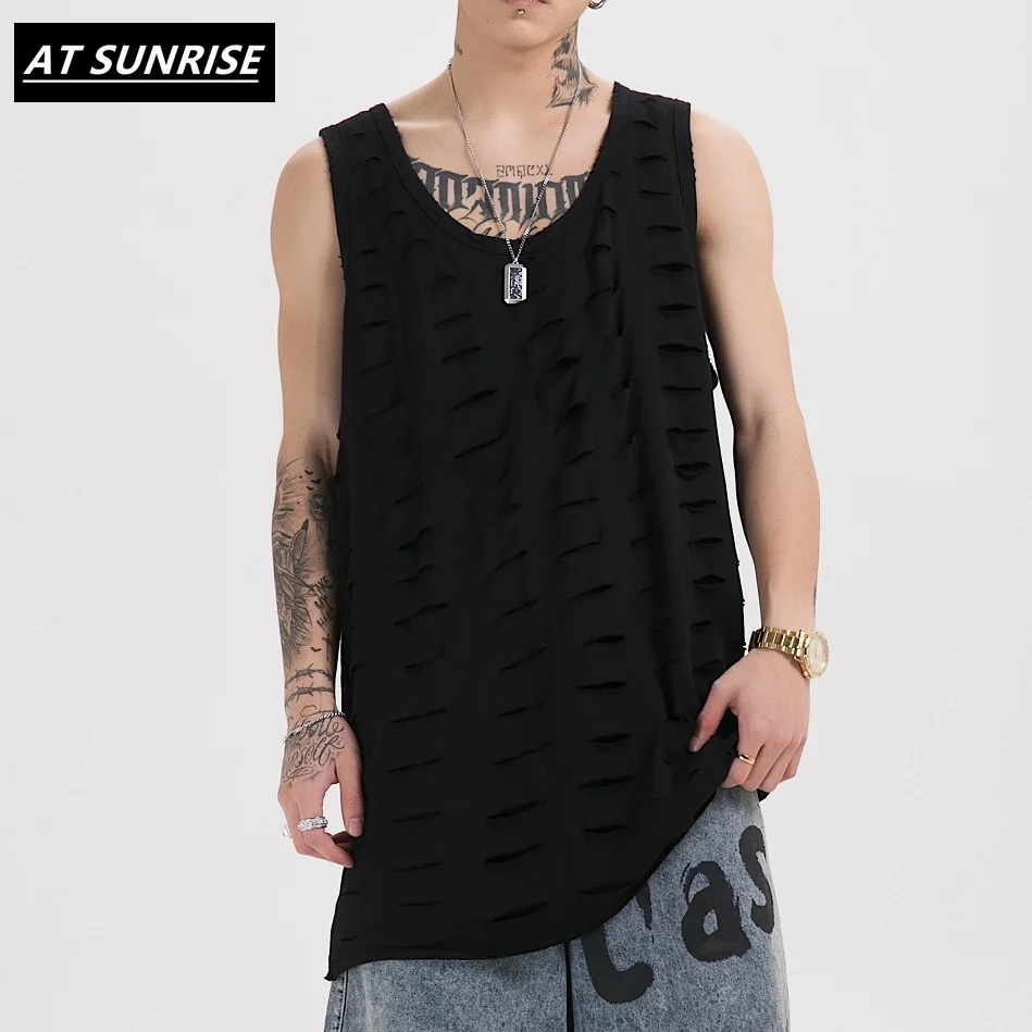 Мужская майка с рваными дырками черная или серая однотонная в стиле хип хоп