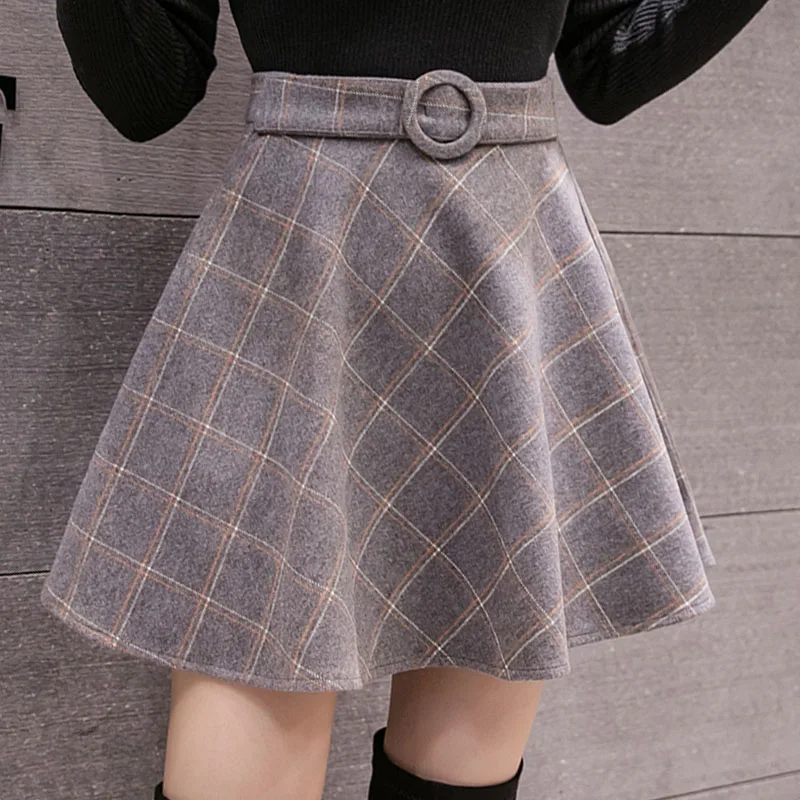 Gray 1 Новинка Harajuku мини Клетчатая Шерстяная Юбка Женская корейская мода зима осень трапециевидная юбка женская консервативный стиль плюс размер юбка - Цвет: Gray 1