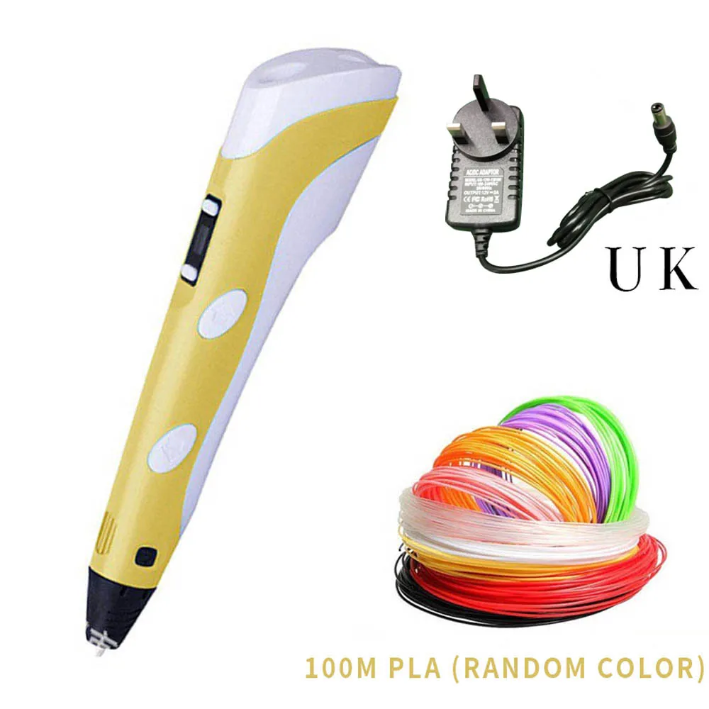 yellow 100m UK Креативная 3d-ручка с PLA нитями, регулируемая температура, Нетоксичная ручка для рисования, детские подарки на день рождения, обучающая игрушка - Цвет: yellow 100m UK