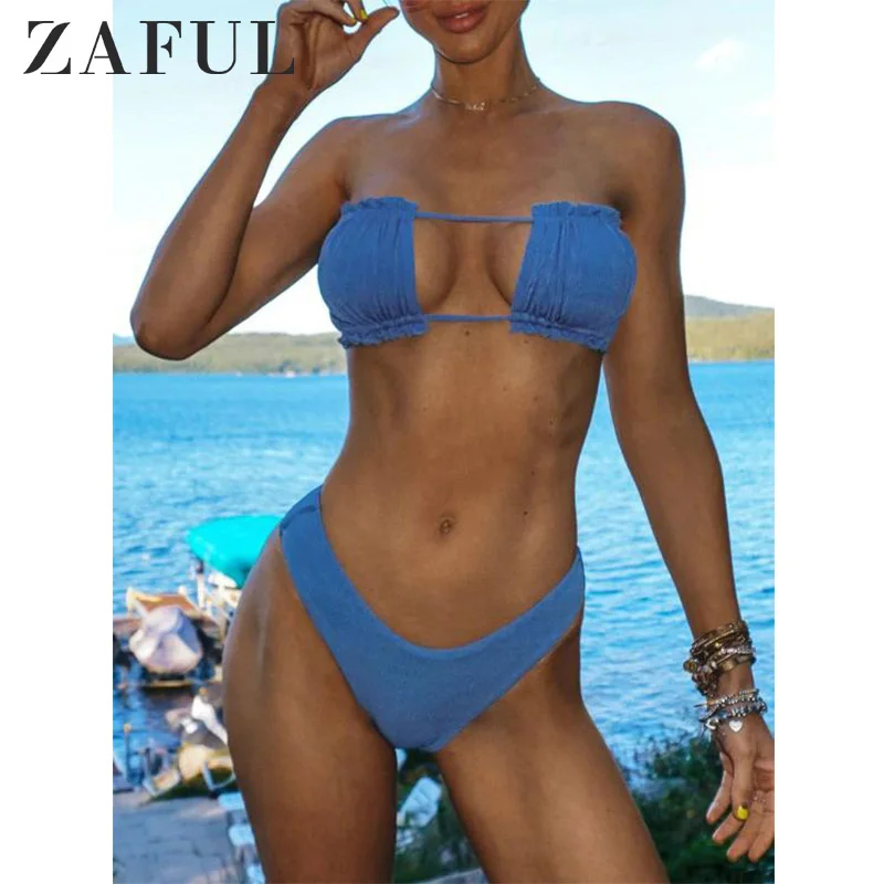 ZAFUL ребристой оборками галстук вырез с высоким вырезом купальный костюм для