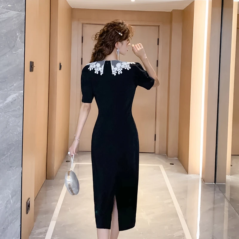 Женское кружевное платье COIGARSAM черное в Корейском стиле с пышными рукавами и