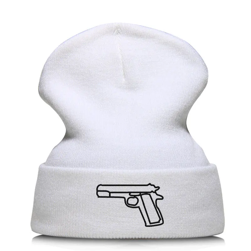 Beanie Hat Skullie Cap Slouchy Winter Embroidered Cool Punk Men Women Teen Street Dance Funny Hip-hop Warm Knitted Hats Gun