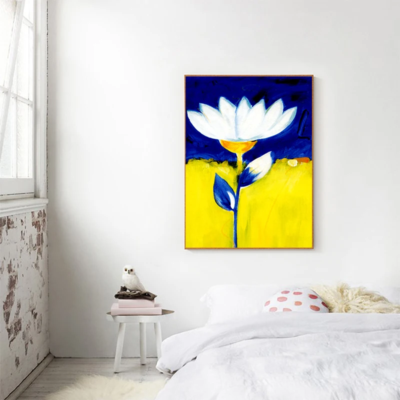 Картина на холсте абстрактный Цветущий белый лотос синие листья плакат печать