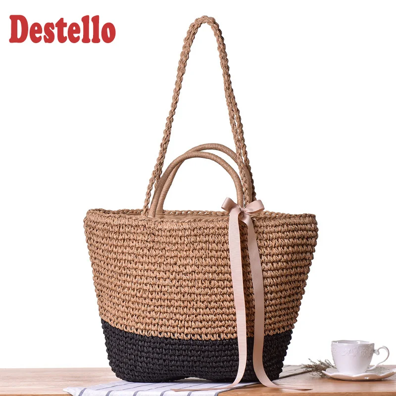 

New Fashion Bohemia Woman Shoulder Bag Casual Straw Bag with Ribbon for Woman Woven Totes Beach Bag Womens Handbags and Purses