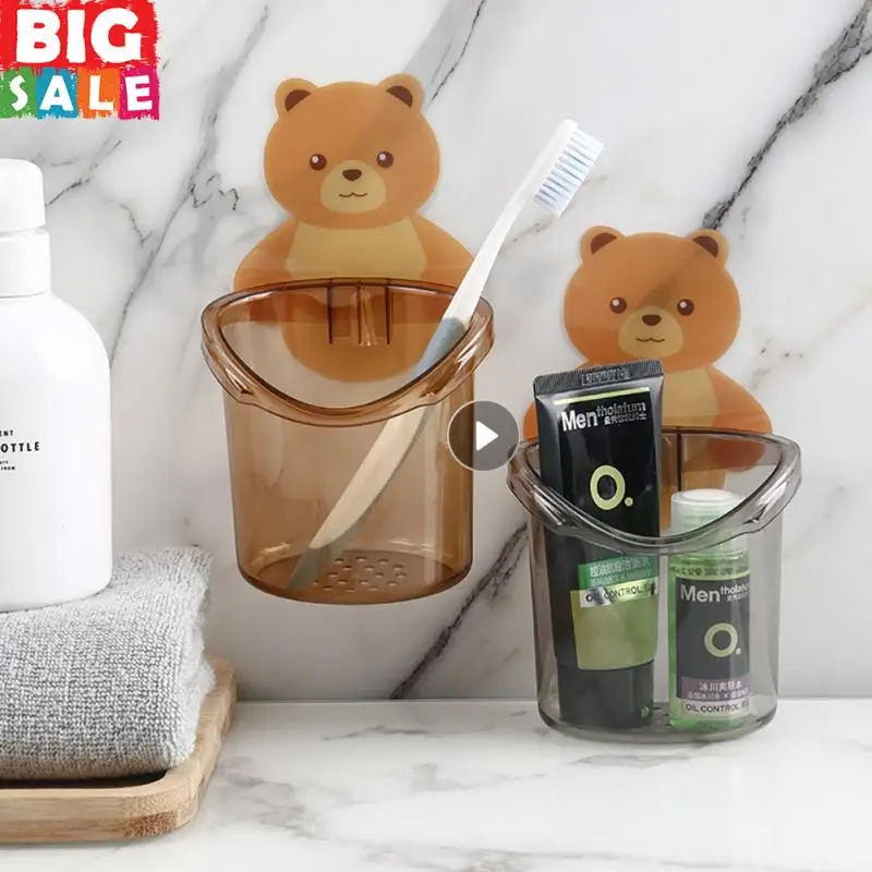 

Teddy Bear Toothbrush Holder Wall Mounted Cup Punch Free Storage Rack For Kid Bathroom Supplies Organizer Bathroom Accessories