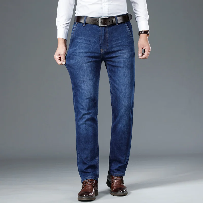 

Джинсы мужские прямые большого размера, классические брюки стрейч свободного покроя, рабочая одежда, темно-синие, для осени и зимы, 35 42