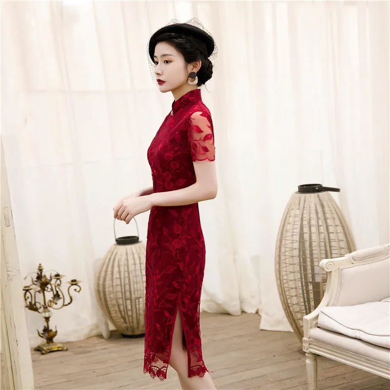 Wine red Cheongsam wedding evening party qipao lace dresses | Тематическая одежда и униформа