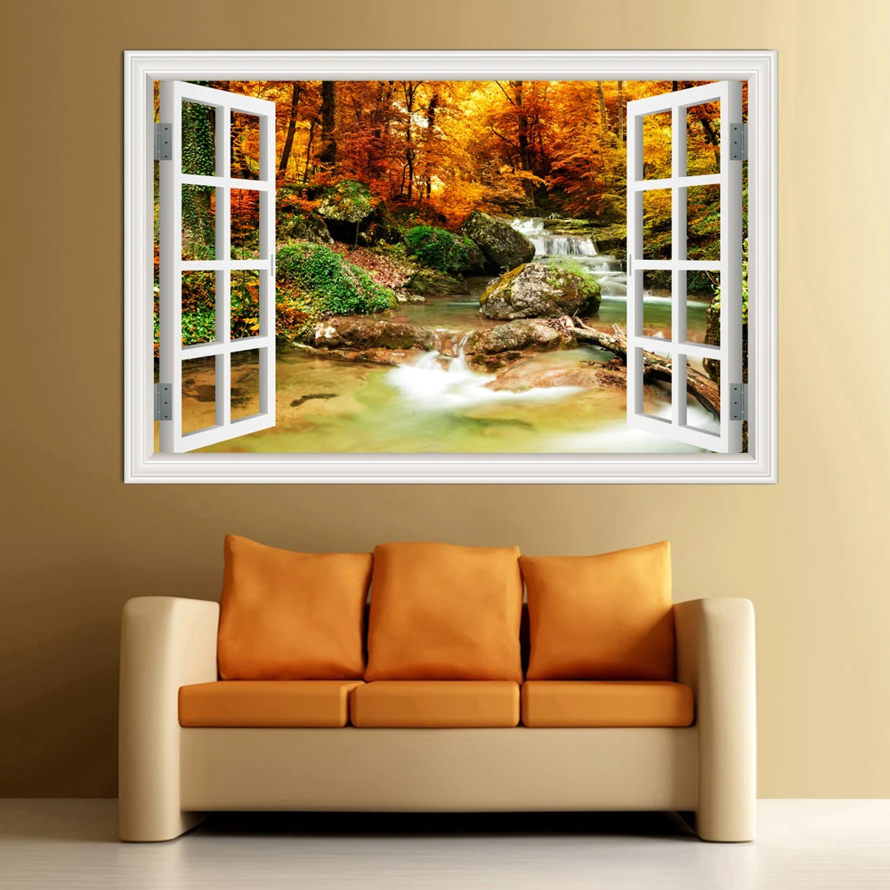 one piece 3D Window Sticker Landscape Wall Golden Maple Leaf Forest View Vinyl Wallpaper Home Decor Accessories for Living Room |