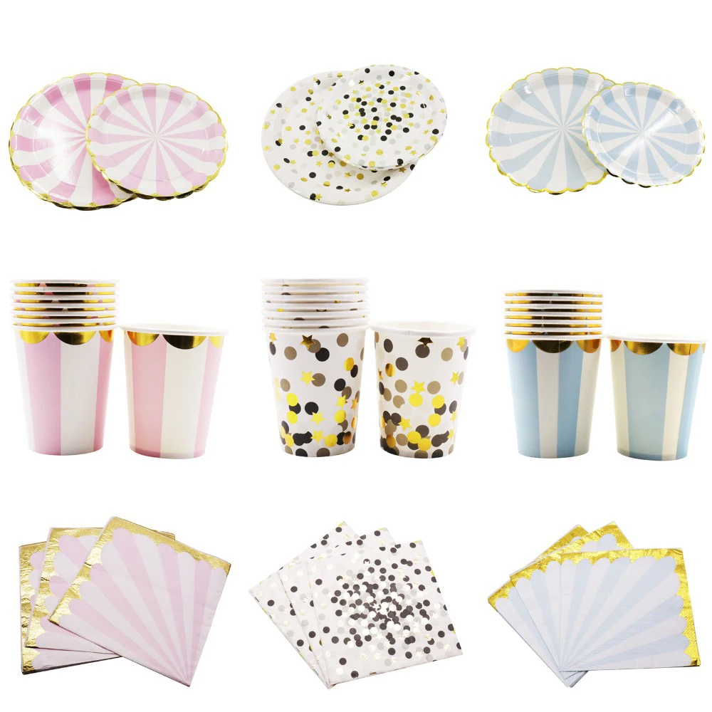 Одноразовый Бумага пластины полосы Цвет День рождения тарелка для фруктов, пирожных лоток Бумага чашки салфетка посуда День рождения расходные материалы