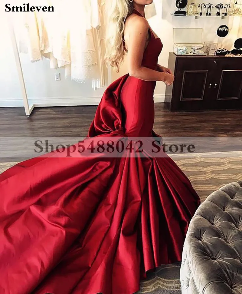 Женское атласное вечернее платье Smileven Красное Атласное Платье Русалка с лямкой