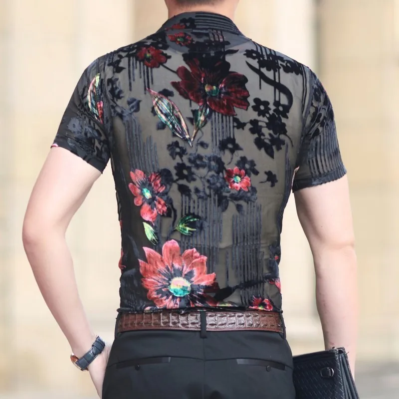 Mannen Kleding весна 2020 облегающая сексуальная прозрачная рубашка с коротким рукавом