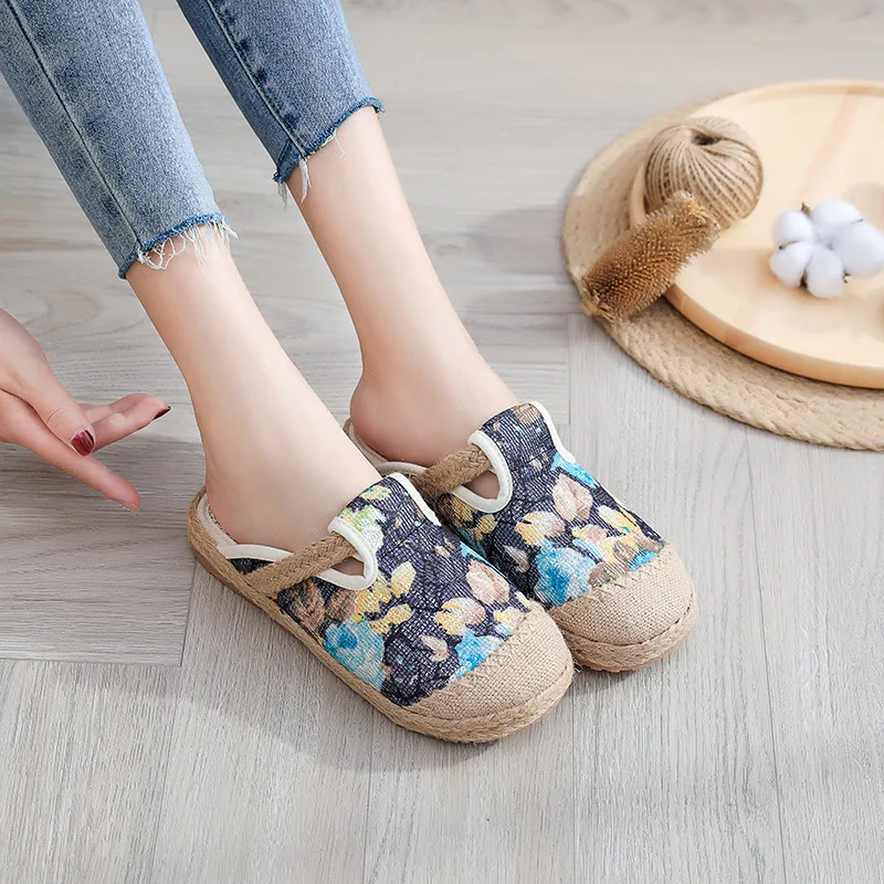 Spring Autumn Women Shoes Anti-slip Flower Cloth Casual Breathable Ladies Linen Slippers Indoor Retro Mixed Color Female Slipper