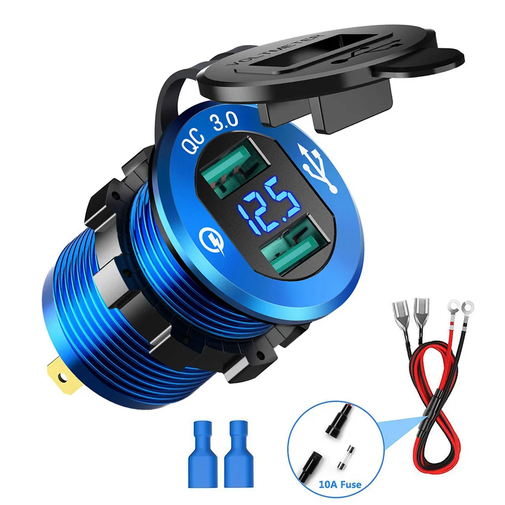 

Quick Charge 3.0 Dual USB Charger Socket 12V/24V Waterproof Aluminum Power Outlet With LED Voltmeter Car Automobiles Tools