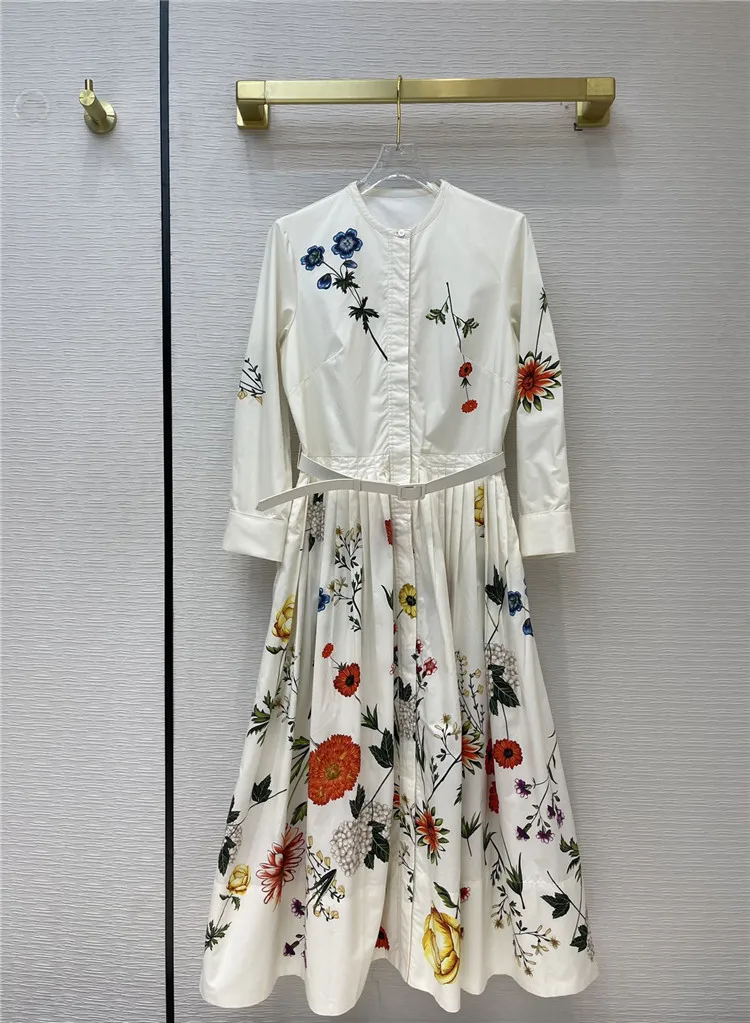 

2021 Luxury Women Early Spring New Elegant Sweet Floral Printed O-neck A-line Long Dress Fashion High Waist Shirt Dresses