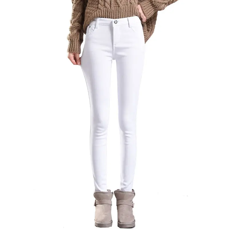 Ladies Winter New Style Velvet Jeans Trousers, High Waist, White Thickening, Warmth, All-match Pants with Small Feet