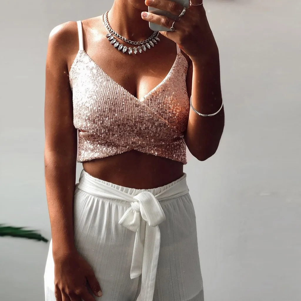 Кроп-Топ женский с блестками пикантная облегающая повседневная майка без