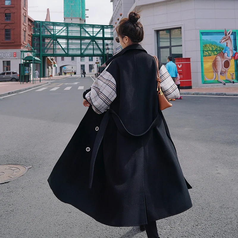 

Female Jacket Autumn Winter Plaid Splicing Over Knee British Loose Slimming Mid-Length Casual Thickened Warm Woolen Coat