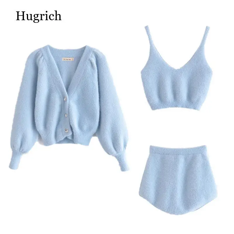 Женский трикотажный костюм-тройка Осенние плюшевые шорты на бретельках с