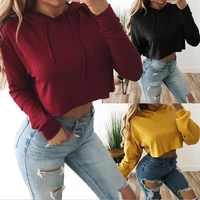 2021 hot long sleeve hooded lace up solid short leakage navel loose sweater